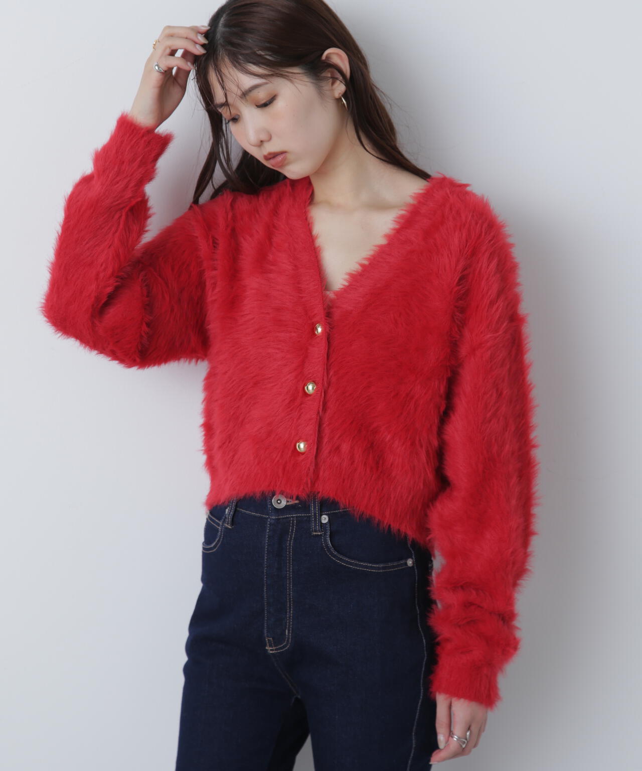 【はかな企画】金ボタンロングシャギーニットカーディガン〈MFM〉