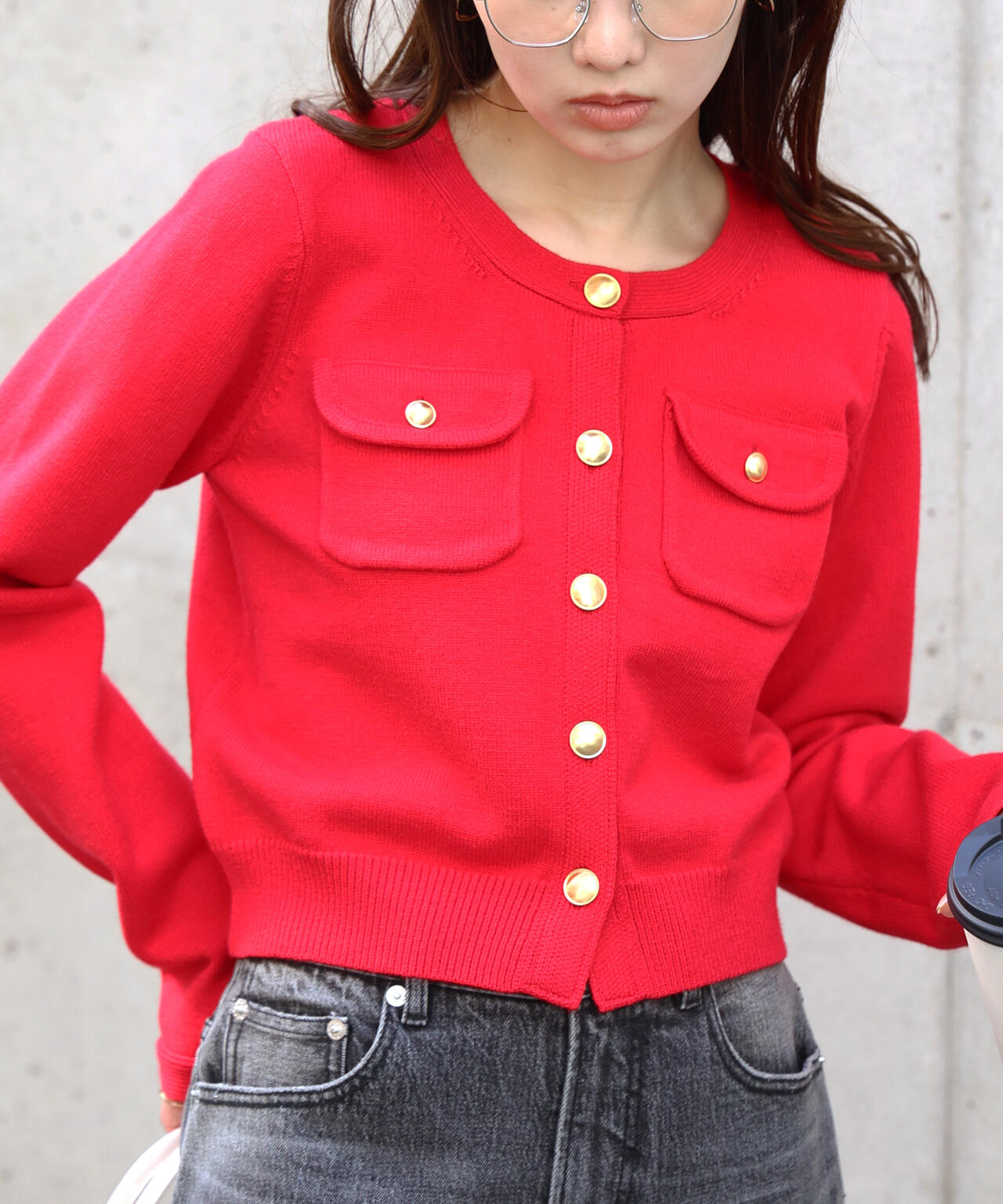 フロントポケット金ボタンニットカーディガン