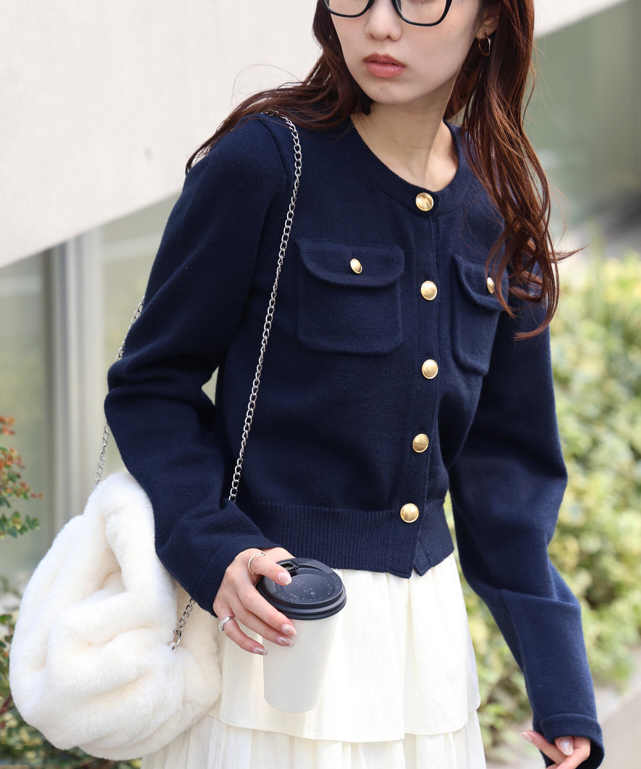 フロントポケット金ボタンニットカーディガン