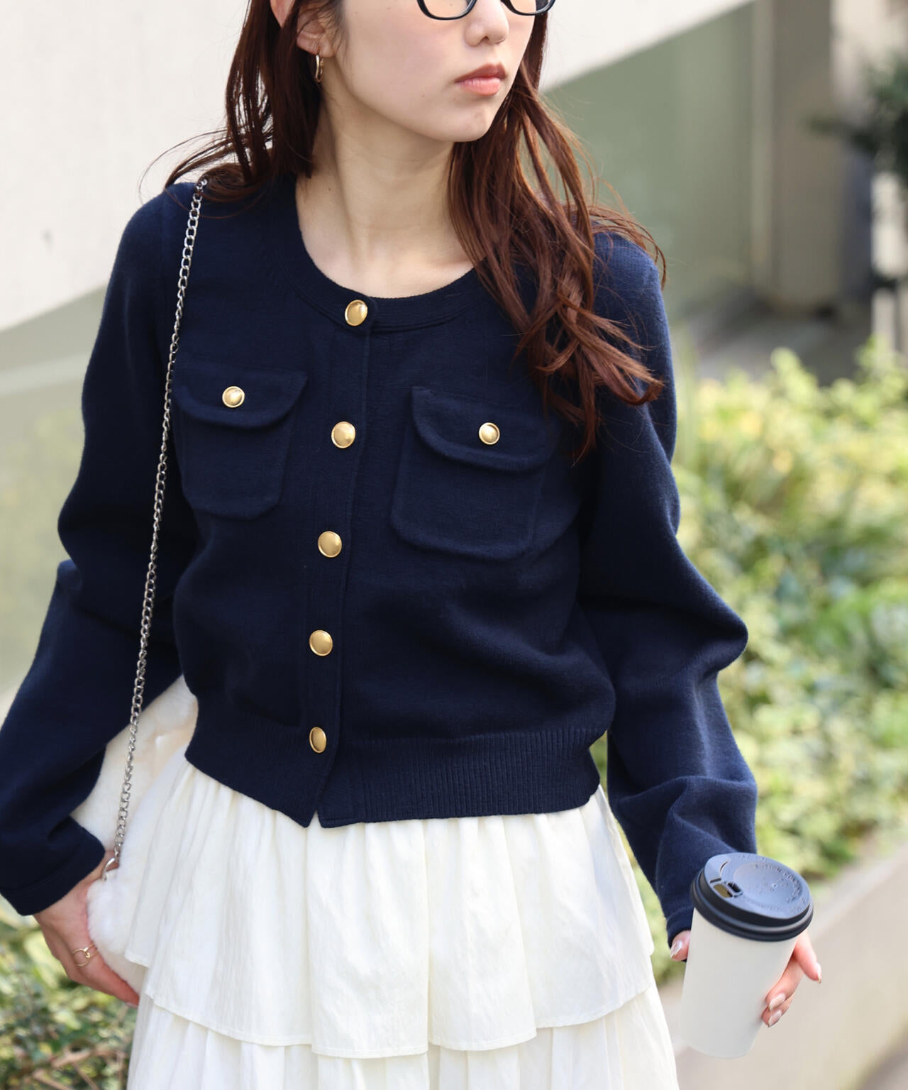フロントポケット金ボタンニットカーディガン
