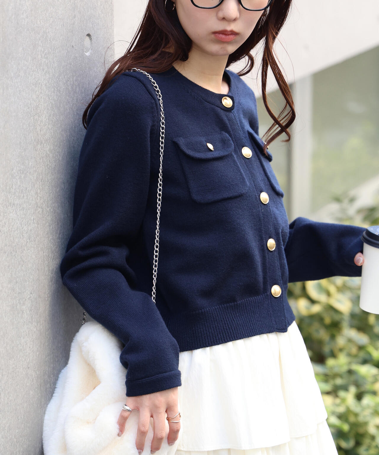 フロントポケット金ボタンニットカーディガン