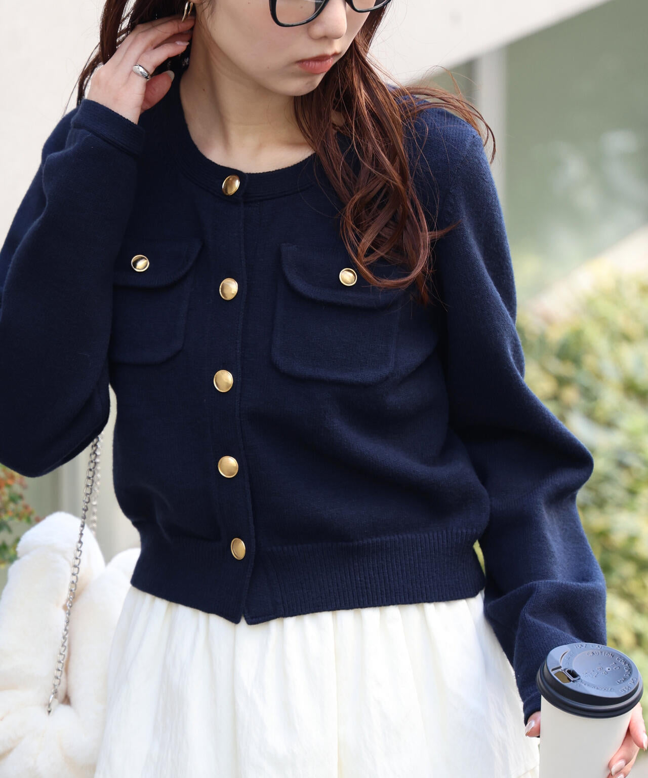 フロントポケット金ボタンニットカーディガン
