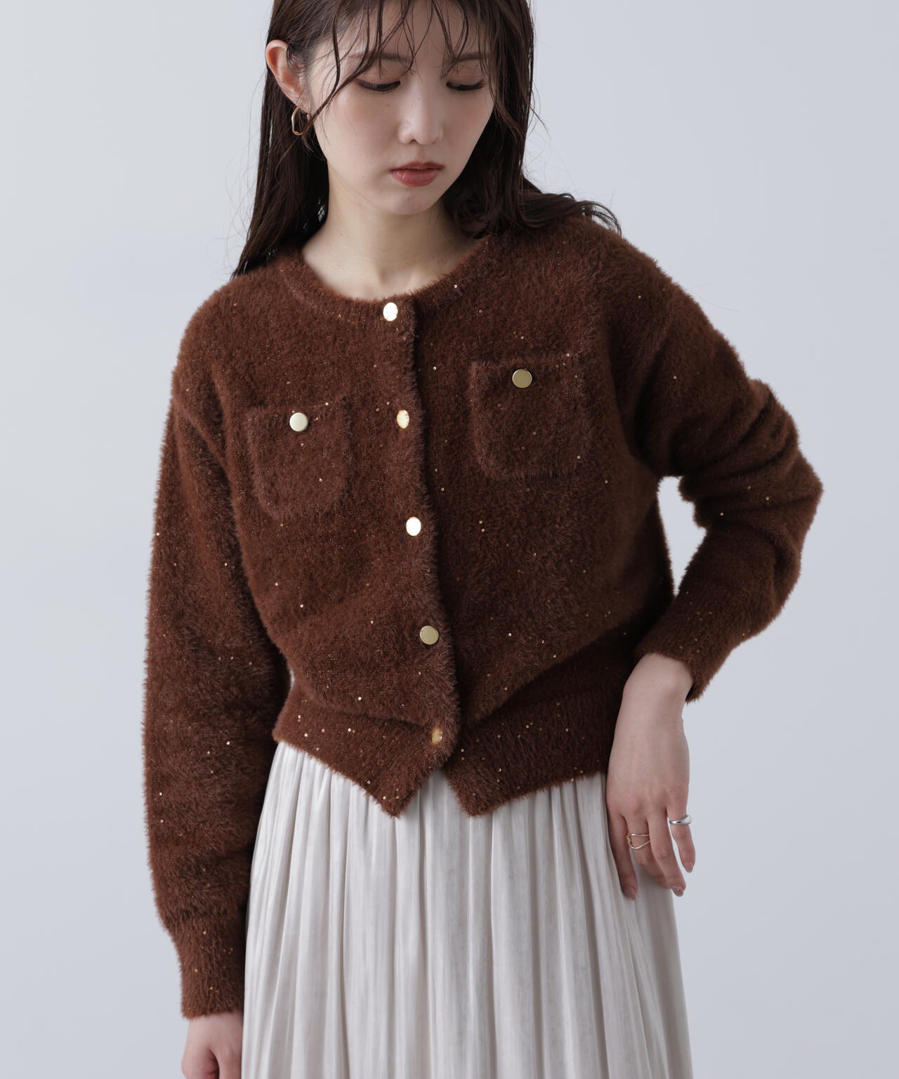 【MFM】金ボタンへアリースパンコールニットカーディガン