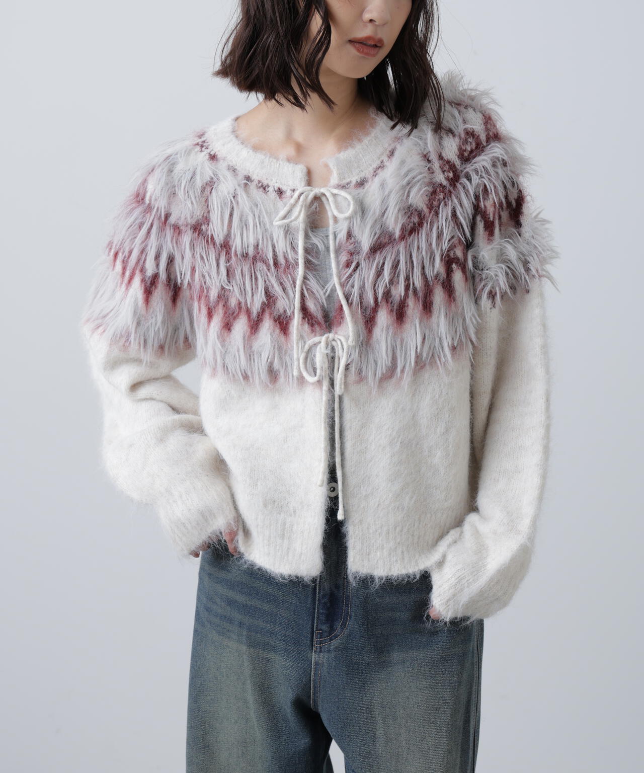 前後2WAYノルディック柄リボンカーディガン