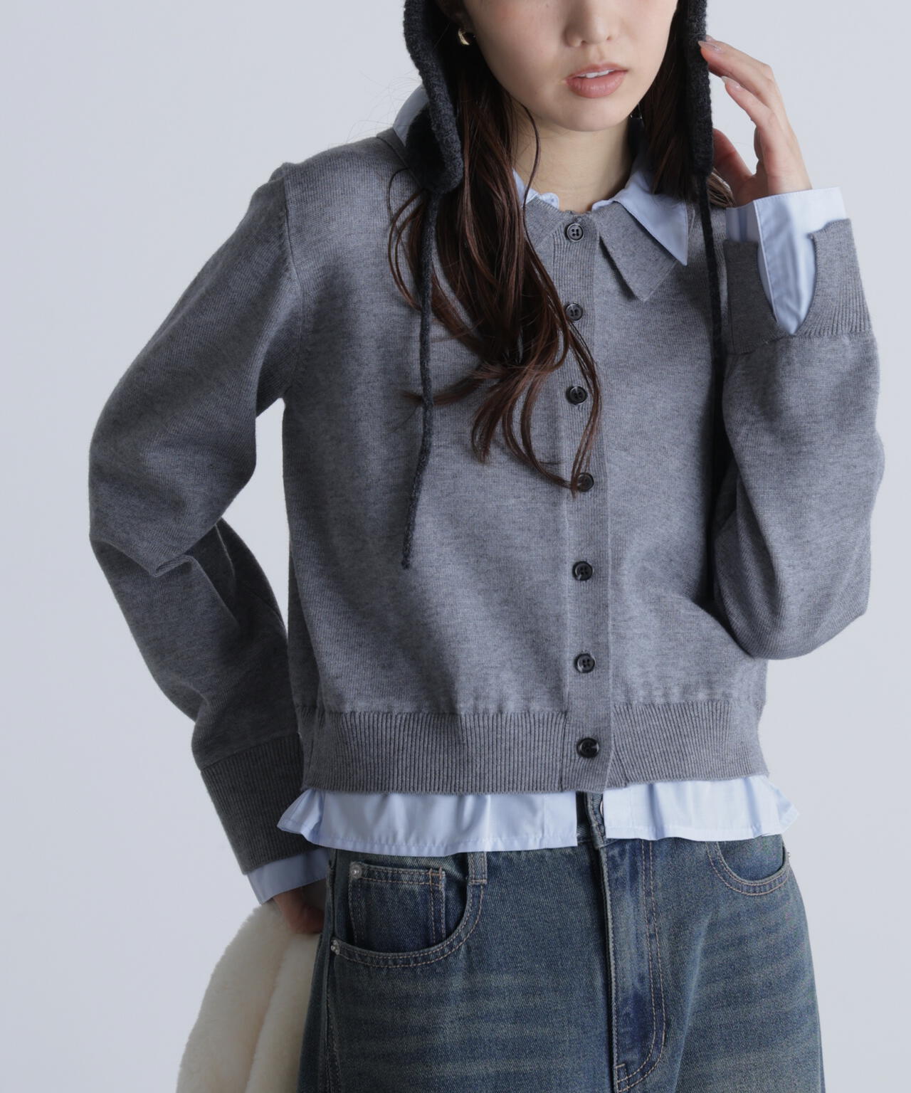 シャツフェイクレイヤードポロカーディガン