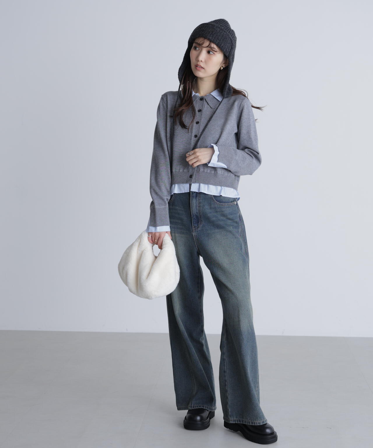 シャツフェイクレイヤードポロカーディガン