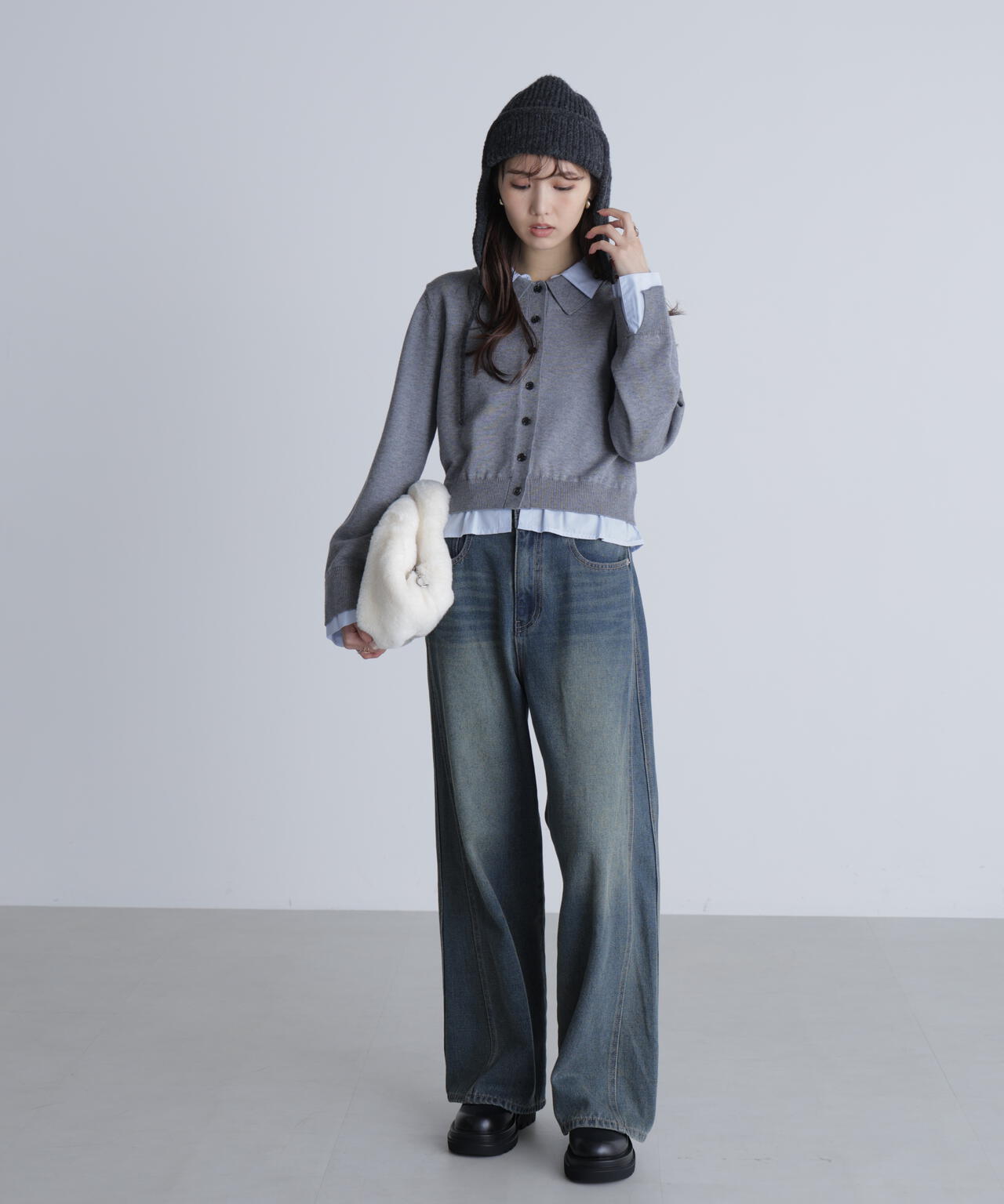 シャツフェイクレイヤードポロカーディガン