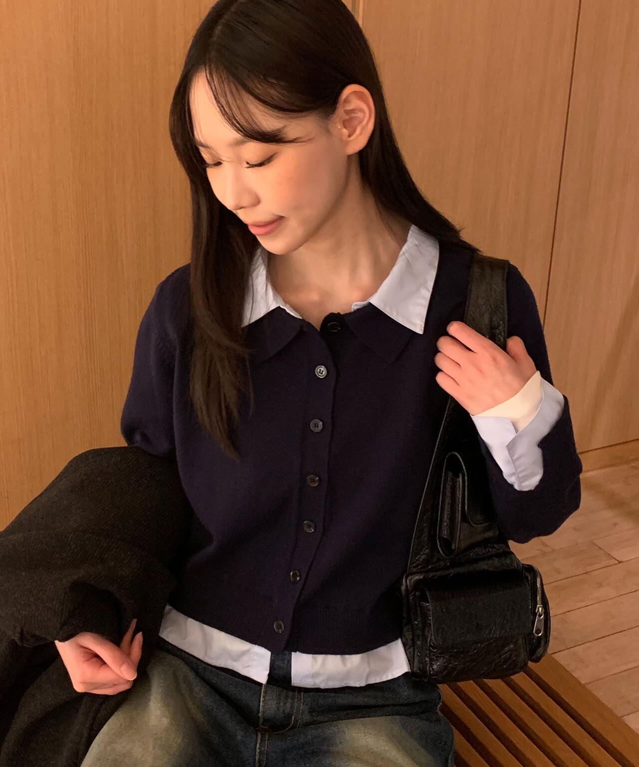 シャツフェイクレイヤードポロカーディガン