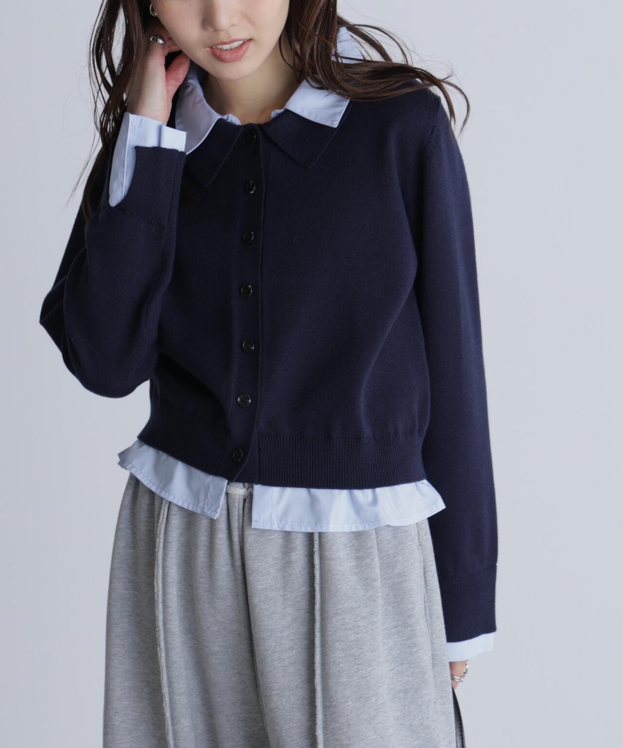 シャツフェイクレイヤードポロカーディガン