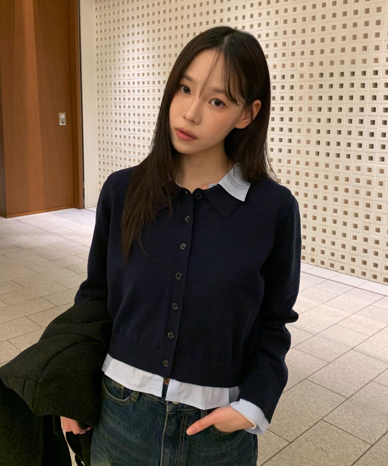 シャツフェイクレイヤードポロカーディガン