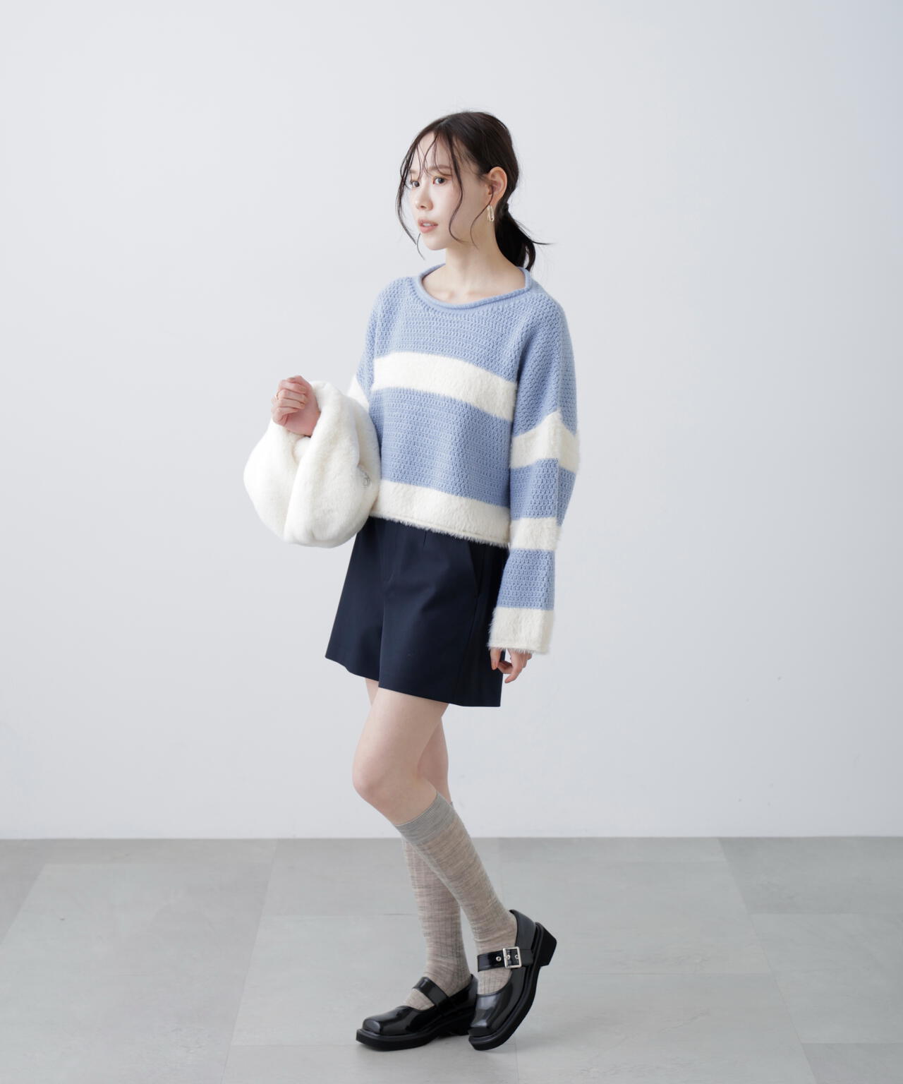 編み地ミックスショート丈ボーダーニット