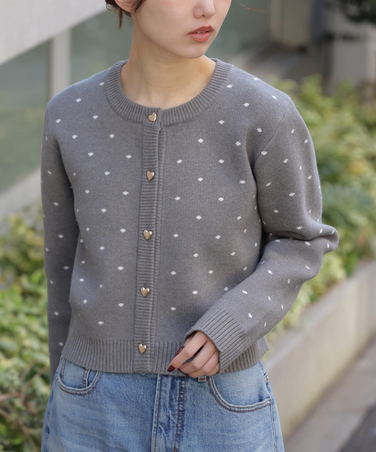 ハートボタンドット柄カーディガン