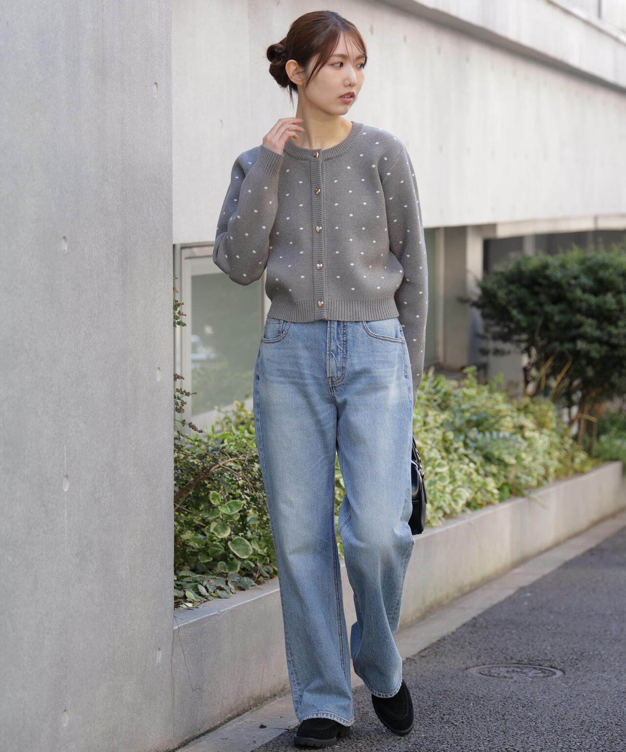 ハートボタンドット柄カーディガン