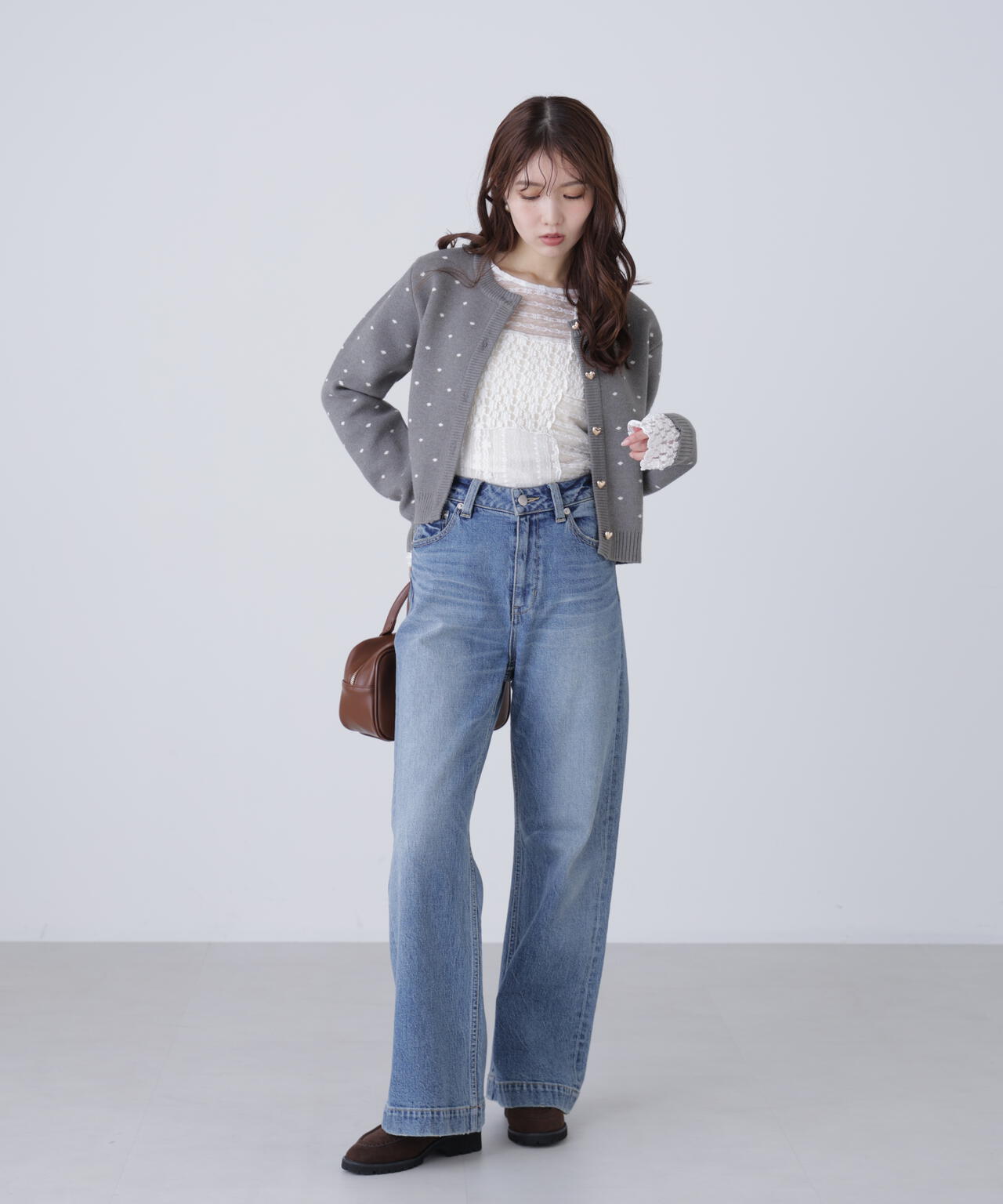 ハートボタンドット柄カーディガン