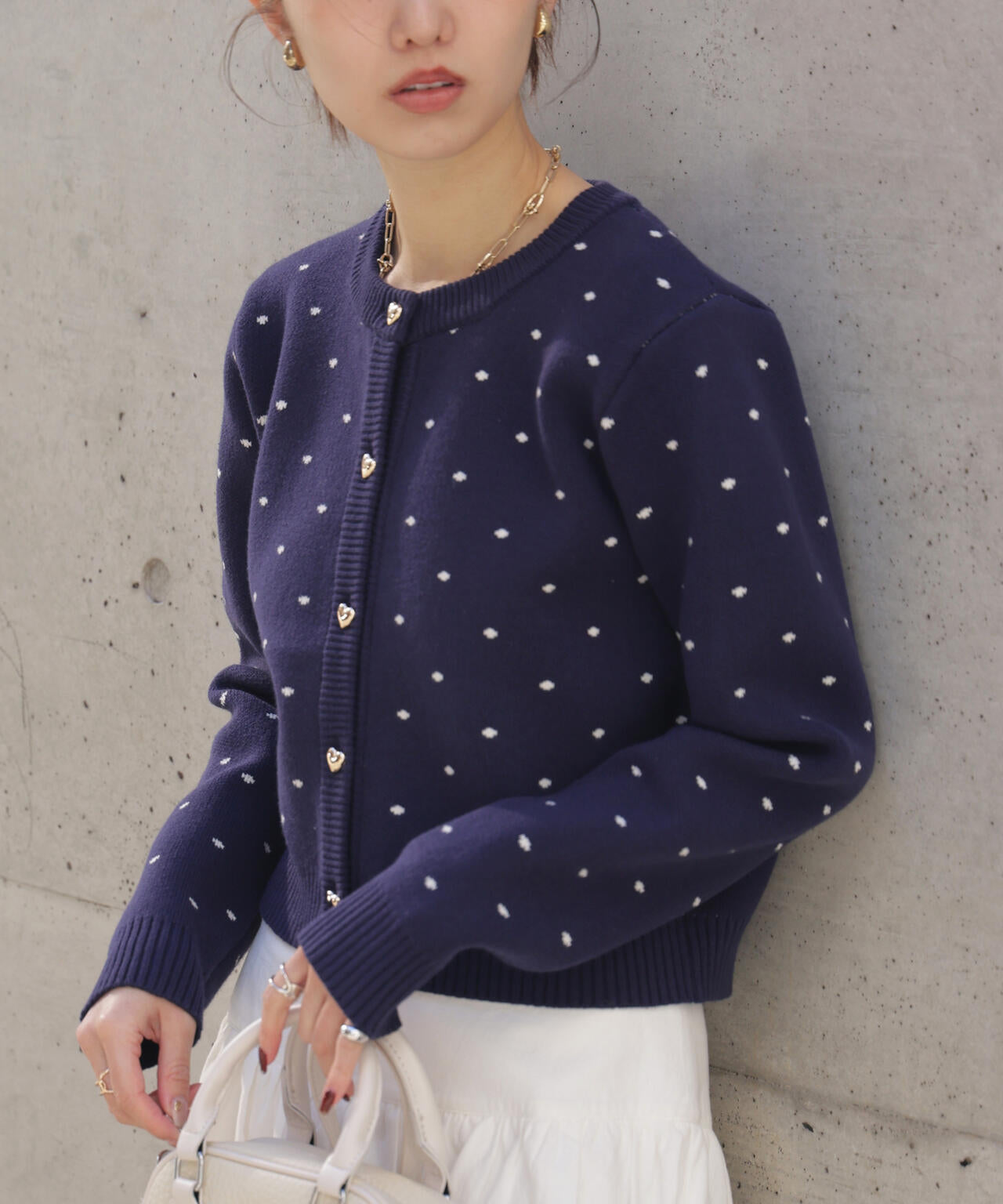 ハートボタンドット柄カーディガン