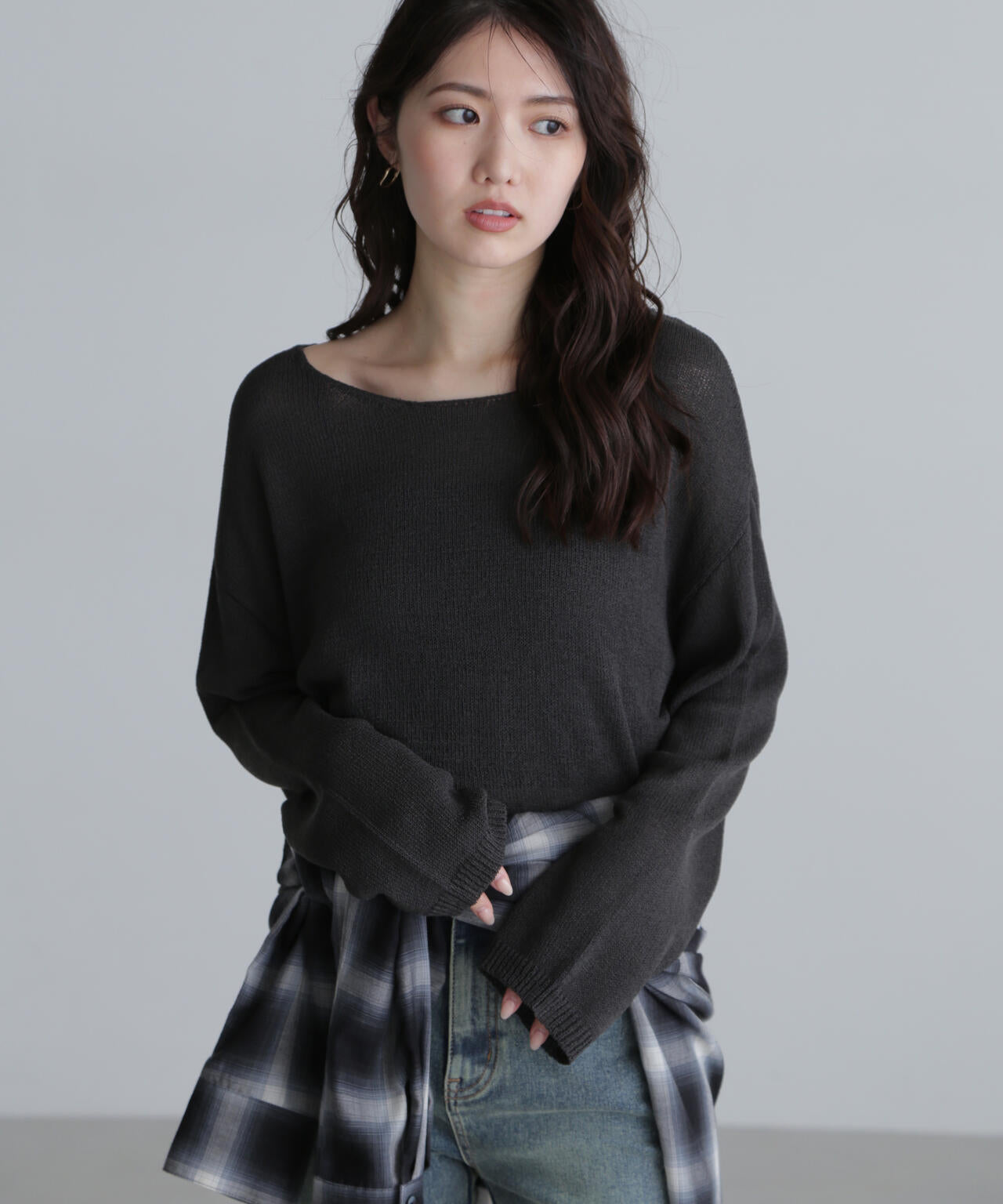 透かしあみ天竺短丈ニット