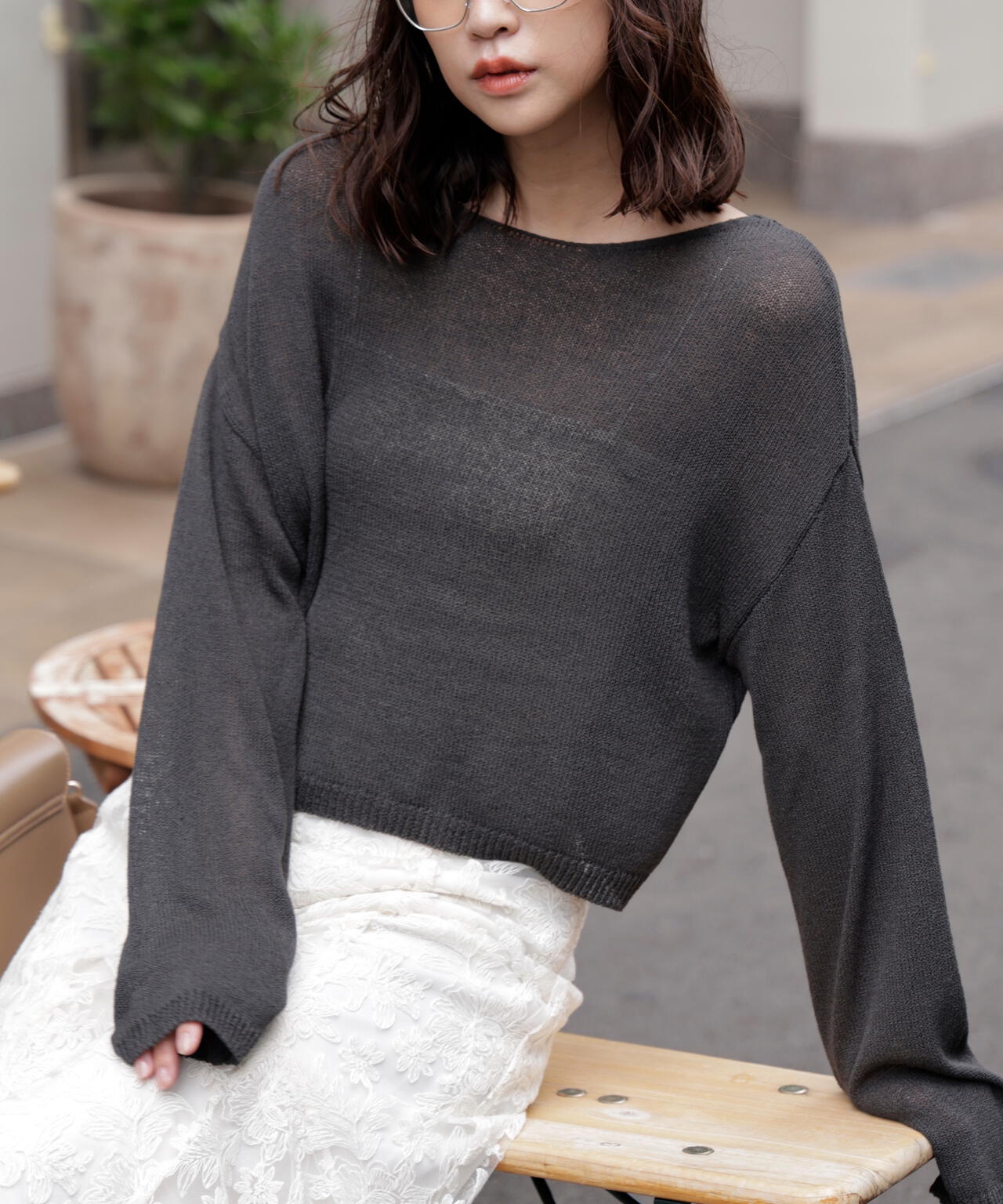 透かしあみ天竺短丈ニット