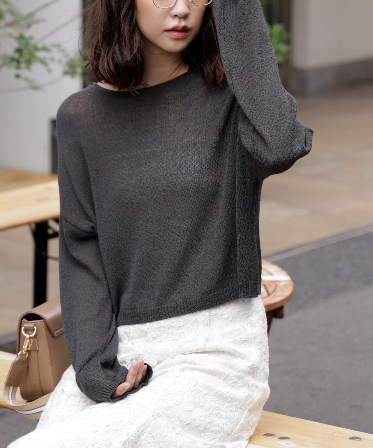 透かしあみ天竺短丈ニット