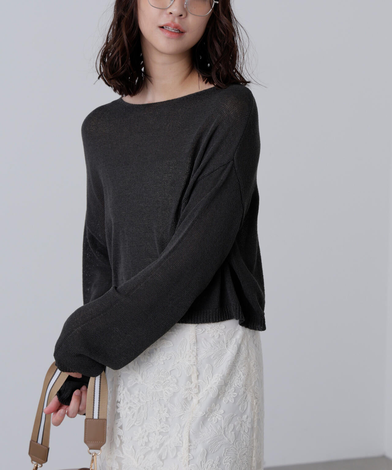 透かしあみ天竺短丈ニット