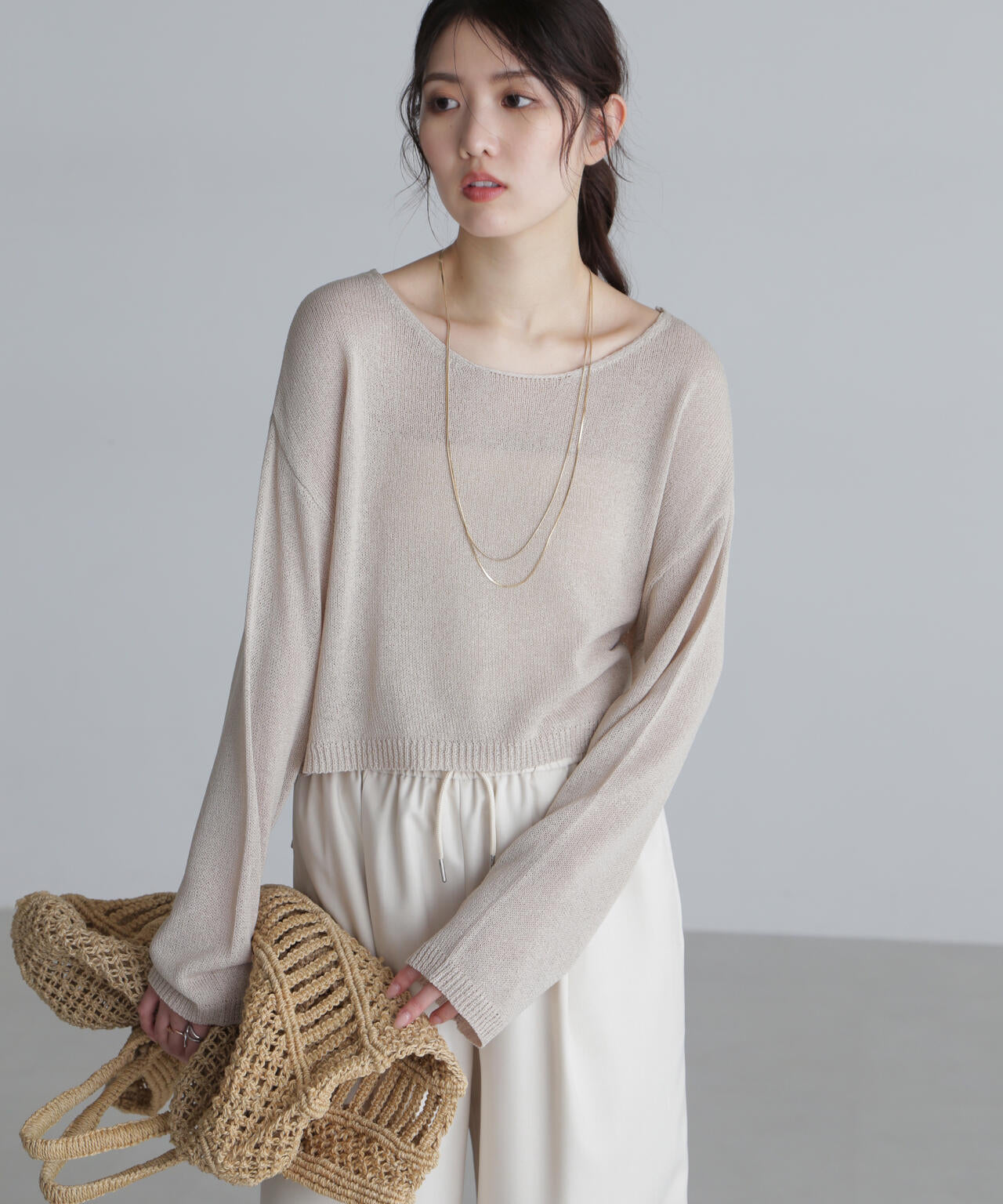 透かしあみ天竺短丈ニット