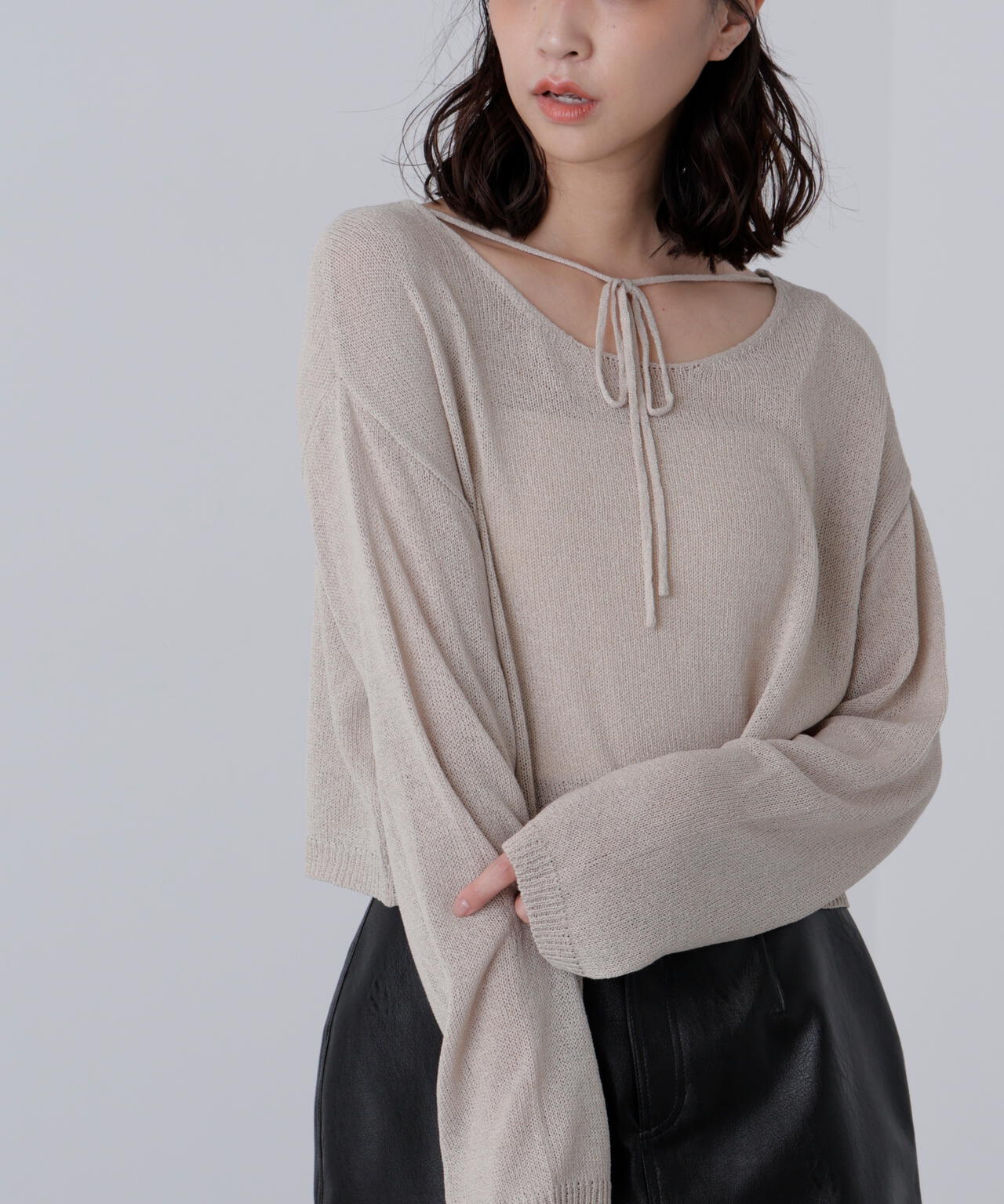 透かしあみ天竺短丈ニット