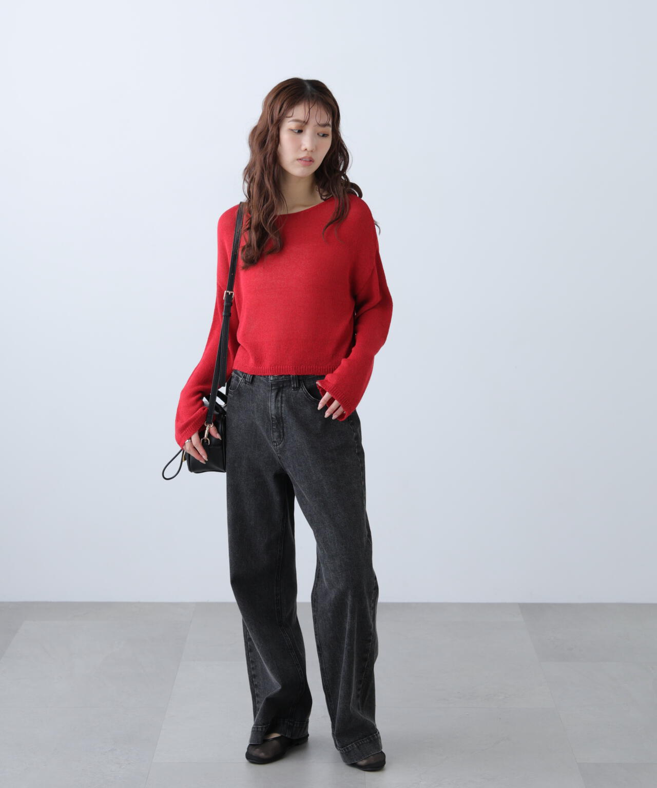 透かしあみ天竺短丈ニット