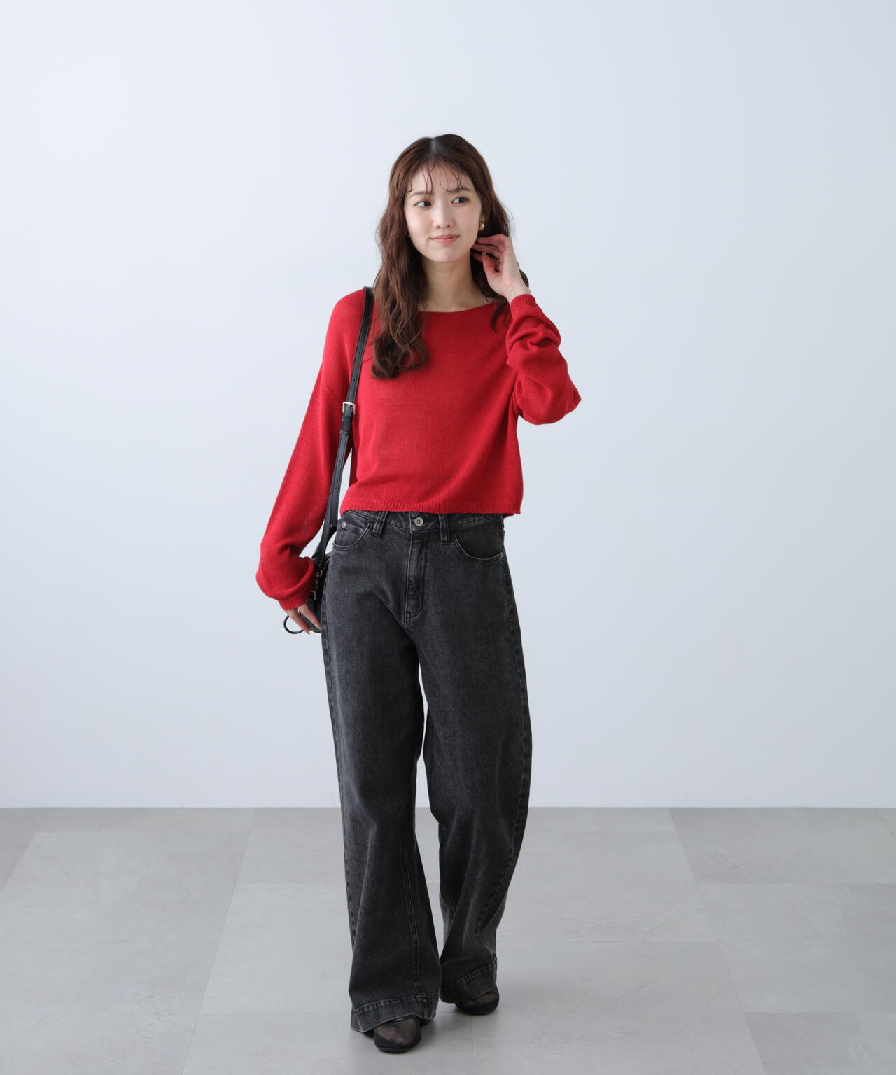 透かしあみ天竺短丈ニット