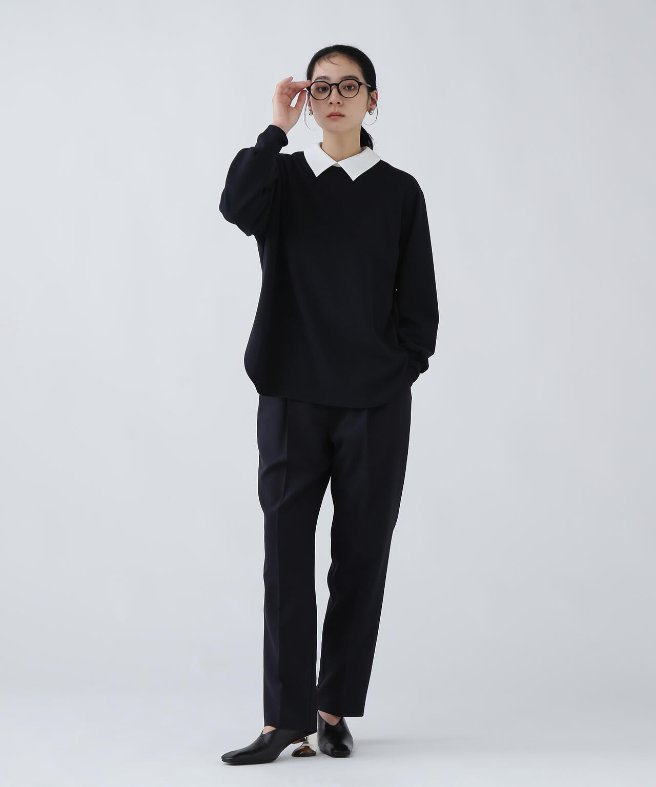 【瞬間コ-デ】襟をオンオフ。洗える楽ちんキレイ見えジャージークレリックブラウス