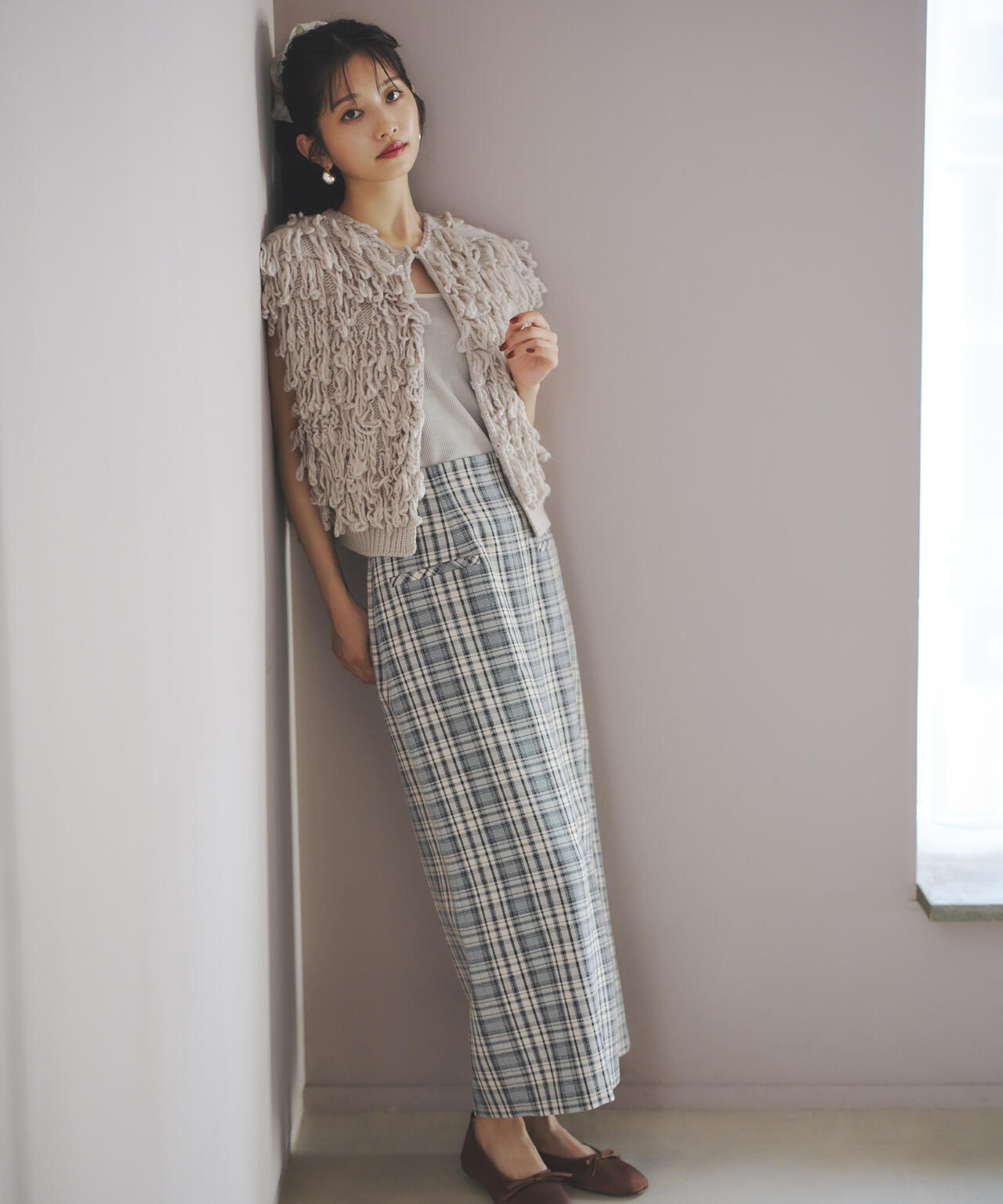 【小室安未さん着用】ハイウエストチェックナロースカート《ブラウン系:LUMINE・LUCUA・official site限定》