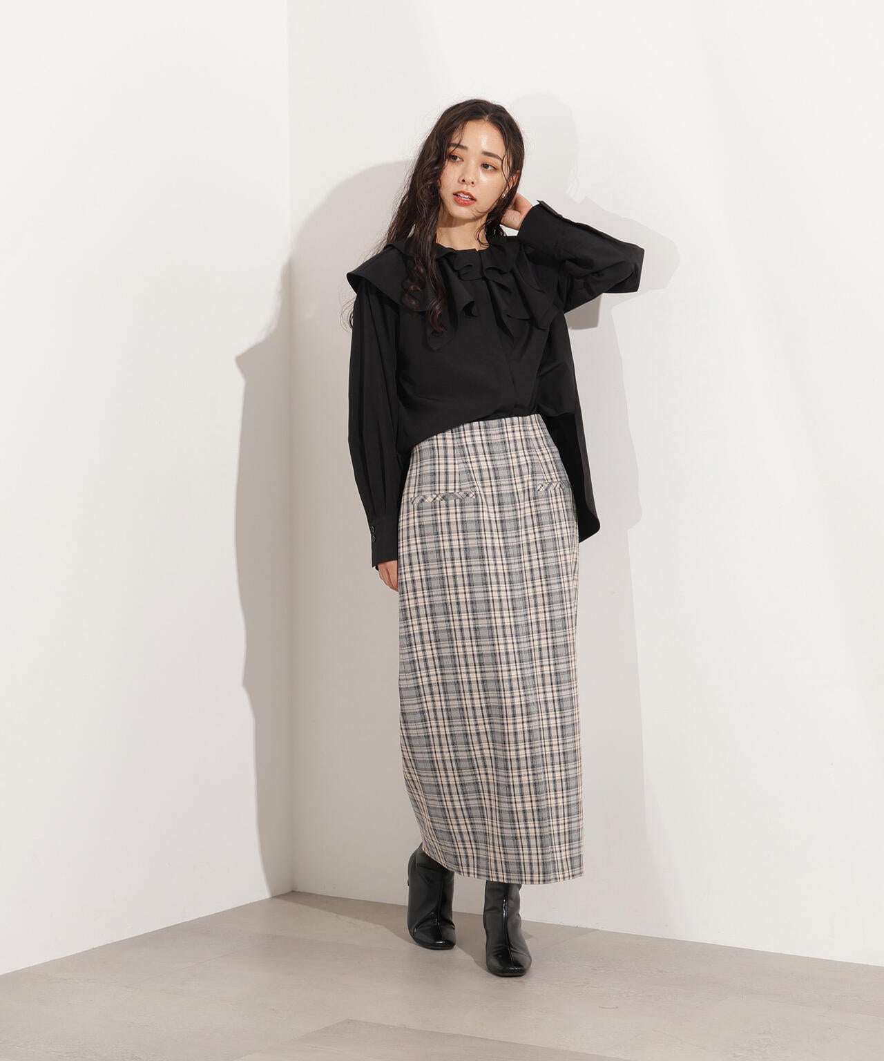 【小室安未さん着用】ハイウエストチェックナロースカート《ブラウン系:LUMINE・LUCUA・official site限定》