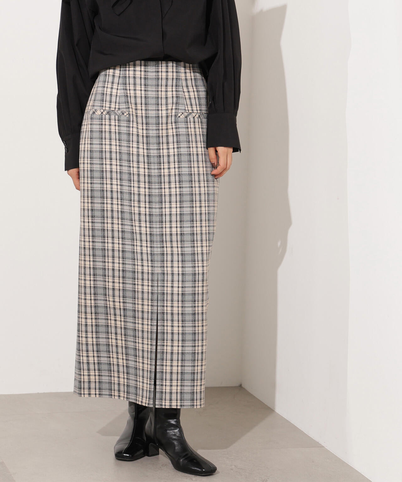 【小室安未さん着用】ハイウエストチェックナロースカート《ブラウン系:LUMINE・LUCUA・official site限定》