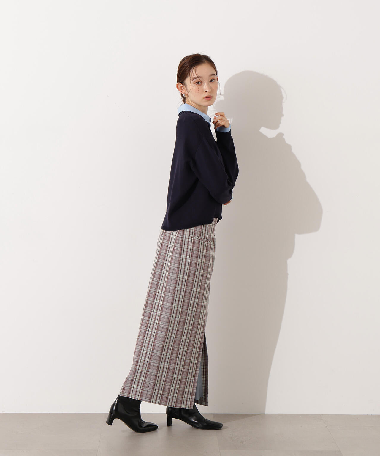 【小室安未さん着用】ハイウエストチェックナロースカート《ブラウン系:LUMINE・LUCUA・official site限定》