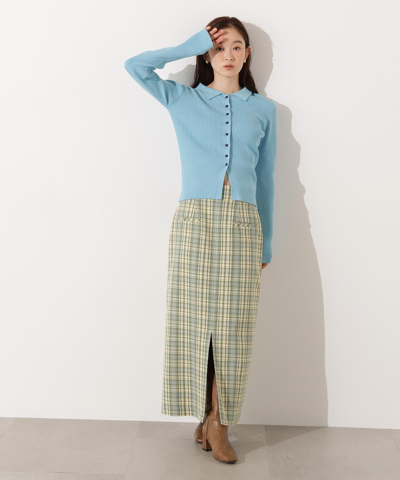 【小室安未さん着用】ハイウエストチェックナロースカート《ブラウン系:LUMINE・LUCUA・official site限定》