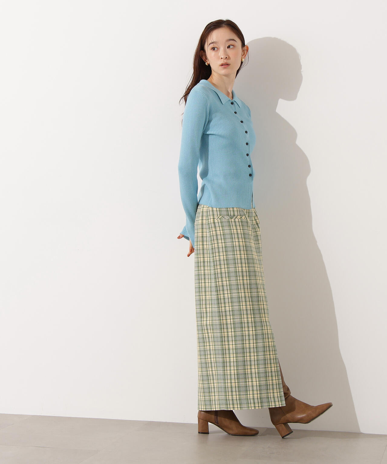 【小室安未さん着用】ハイウエストチェックナロースカート《ブラウン系:LUMINE・LUCUA・official site限定》