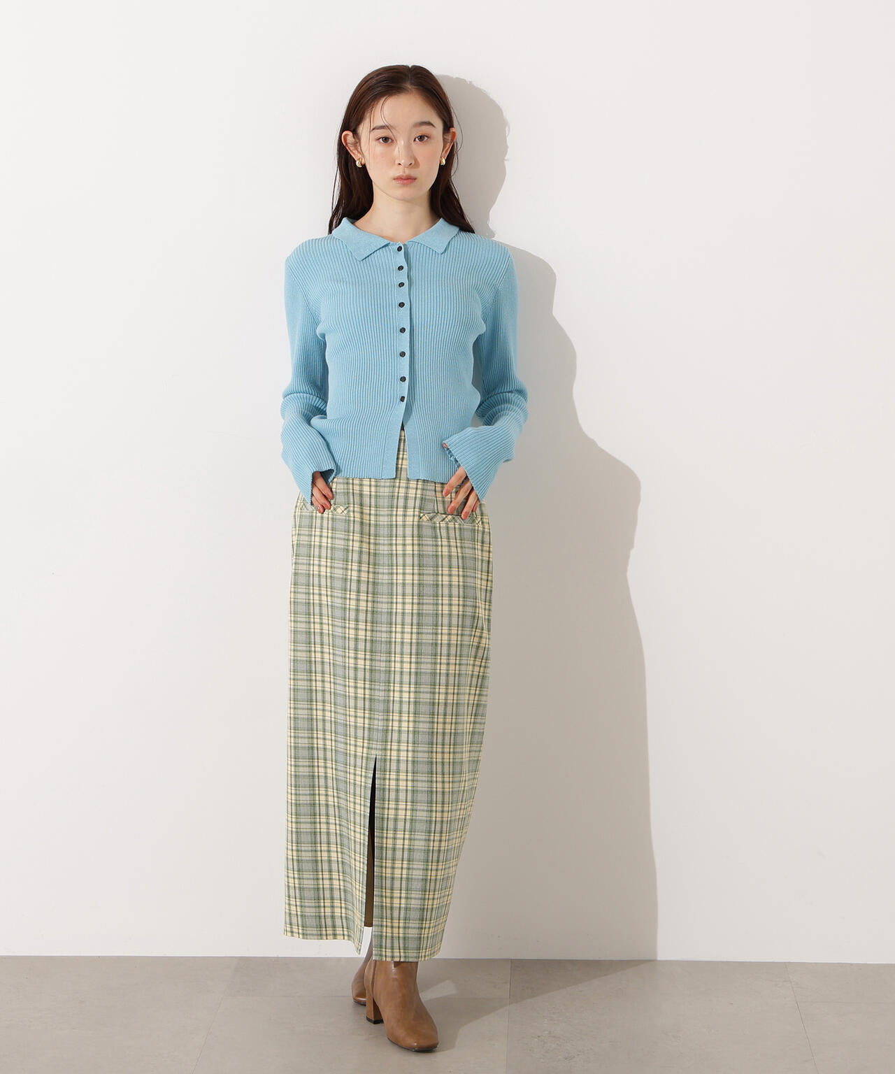 【小室安未さん着用】ハイウエストチェックナロースカート《ブラウン系:LUMINE・LUCUA・official site限定》