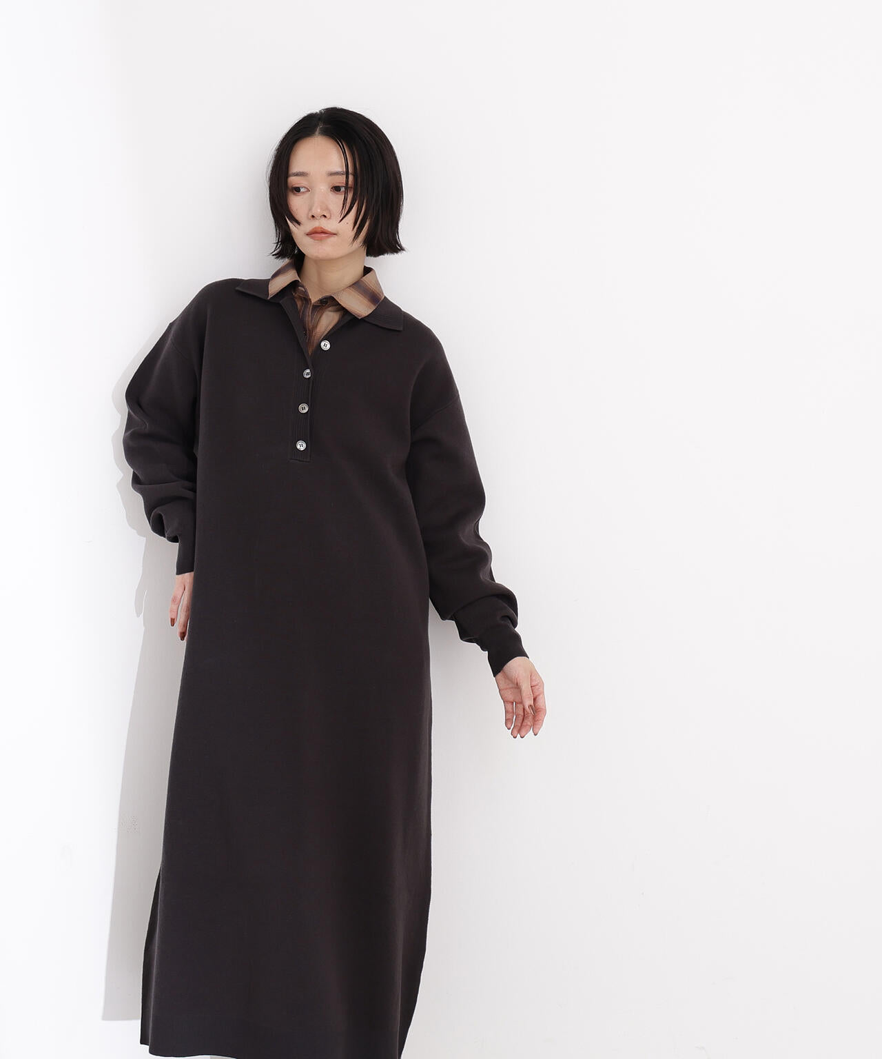 スキッパーネックニットワンピース