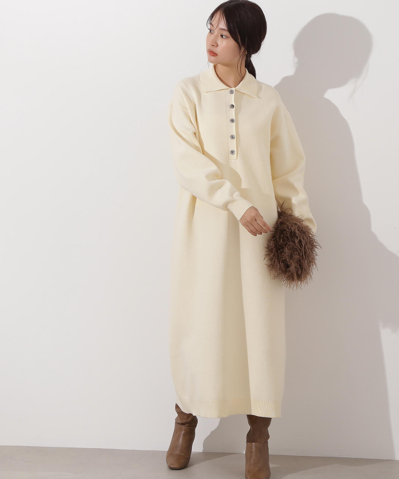 スキッパーネックニットワンピース