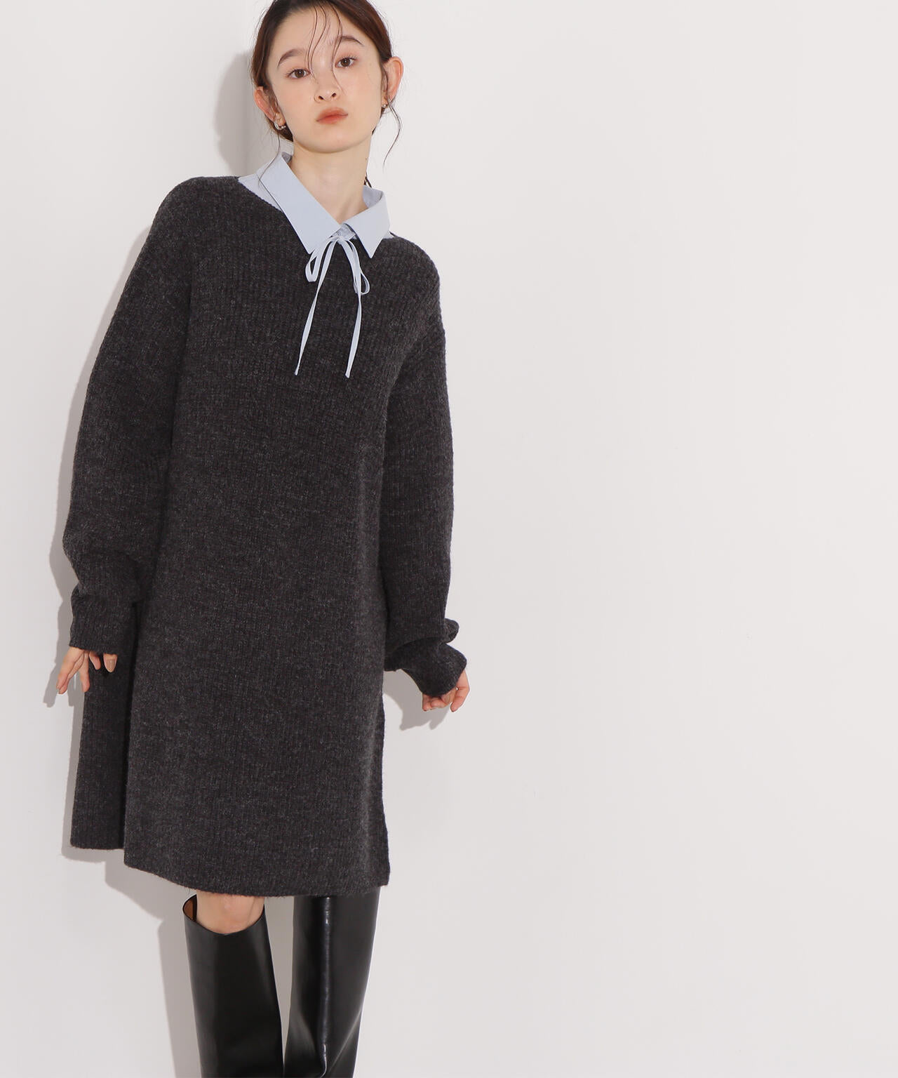 襟付ミニニットワンピース