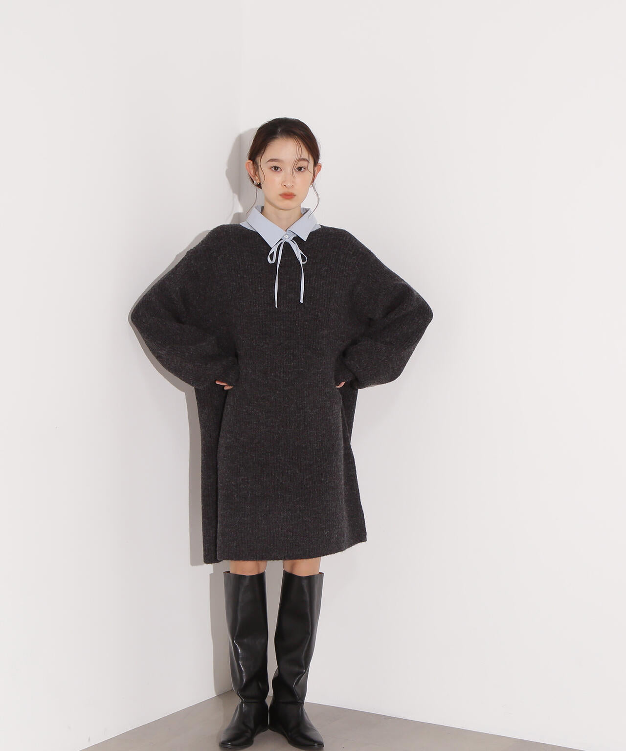 襟付ミニニットワンピース