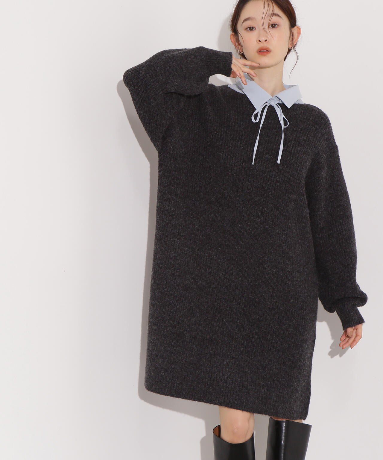 襟付ミニニットワンピース