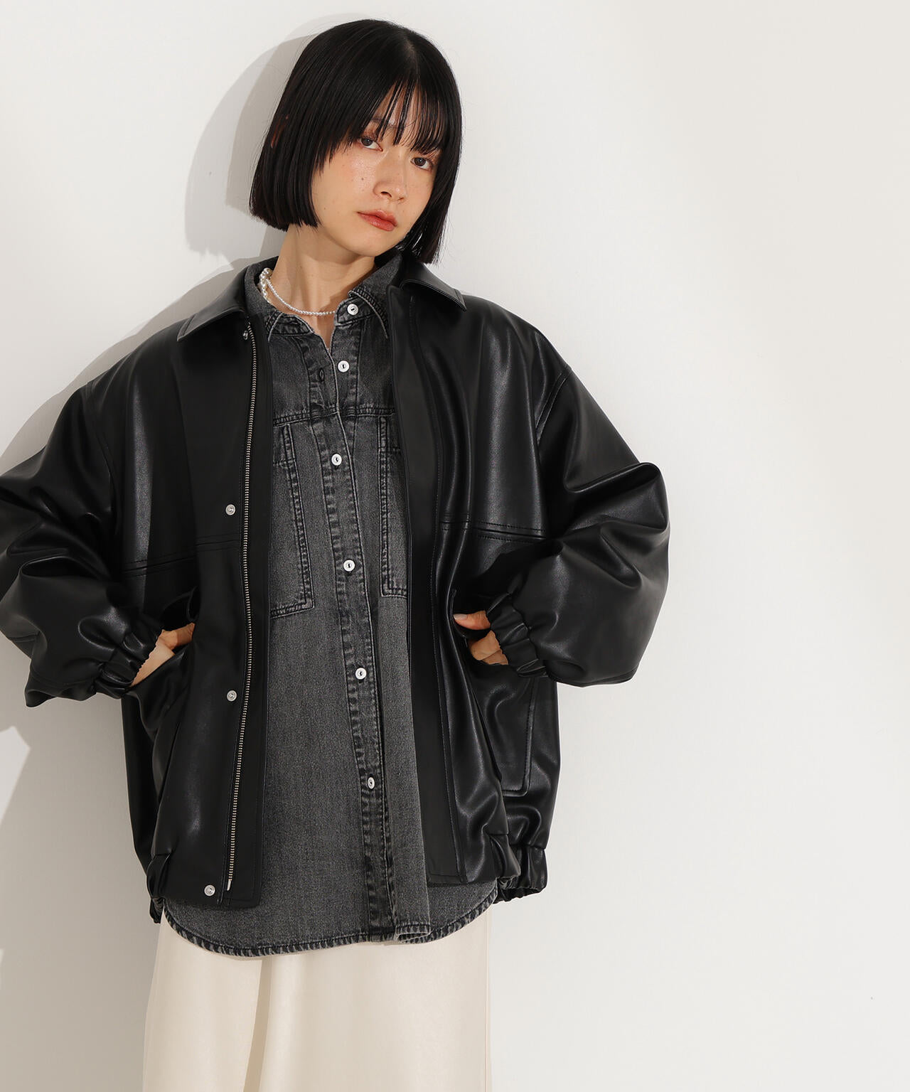 フェイクレザーステンカラーブルゾン