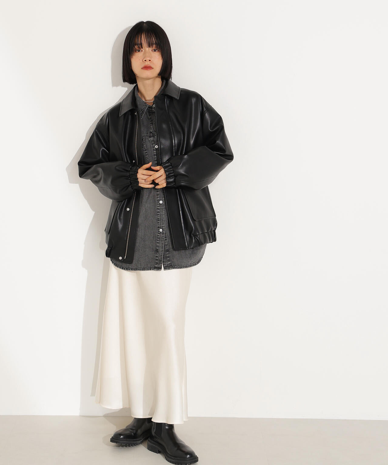 フェイクレザーステンカラーブルゾン