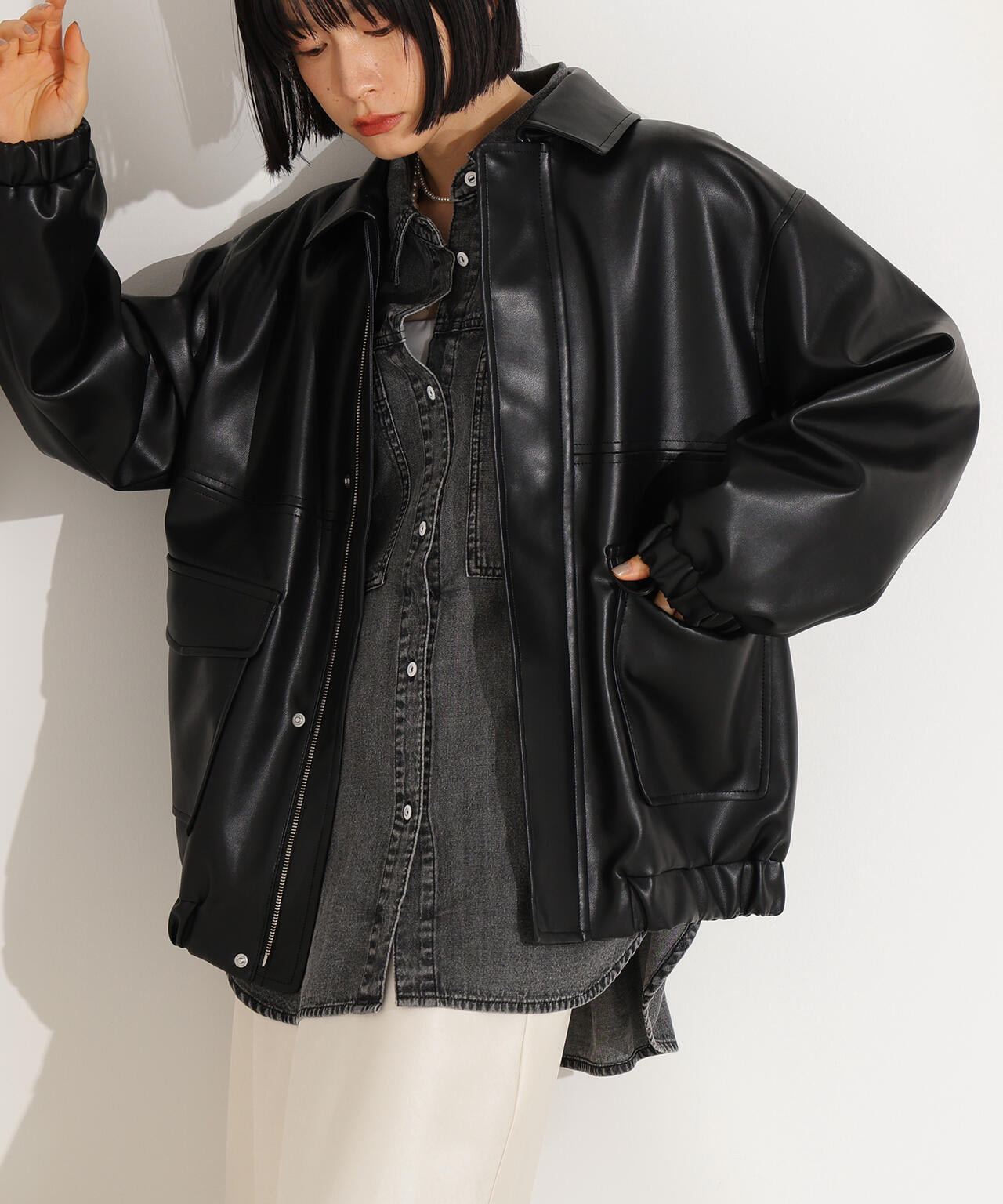 フェイクレザーステンカラーブルゾン