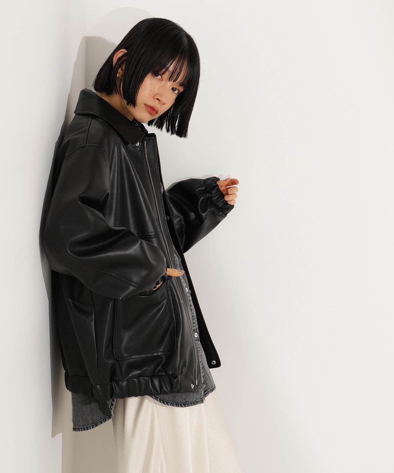 フェイクレザーステンカラーブルゾン