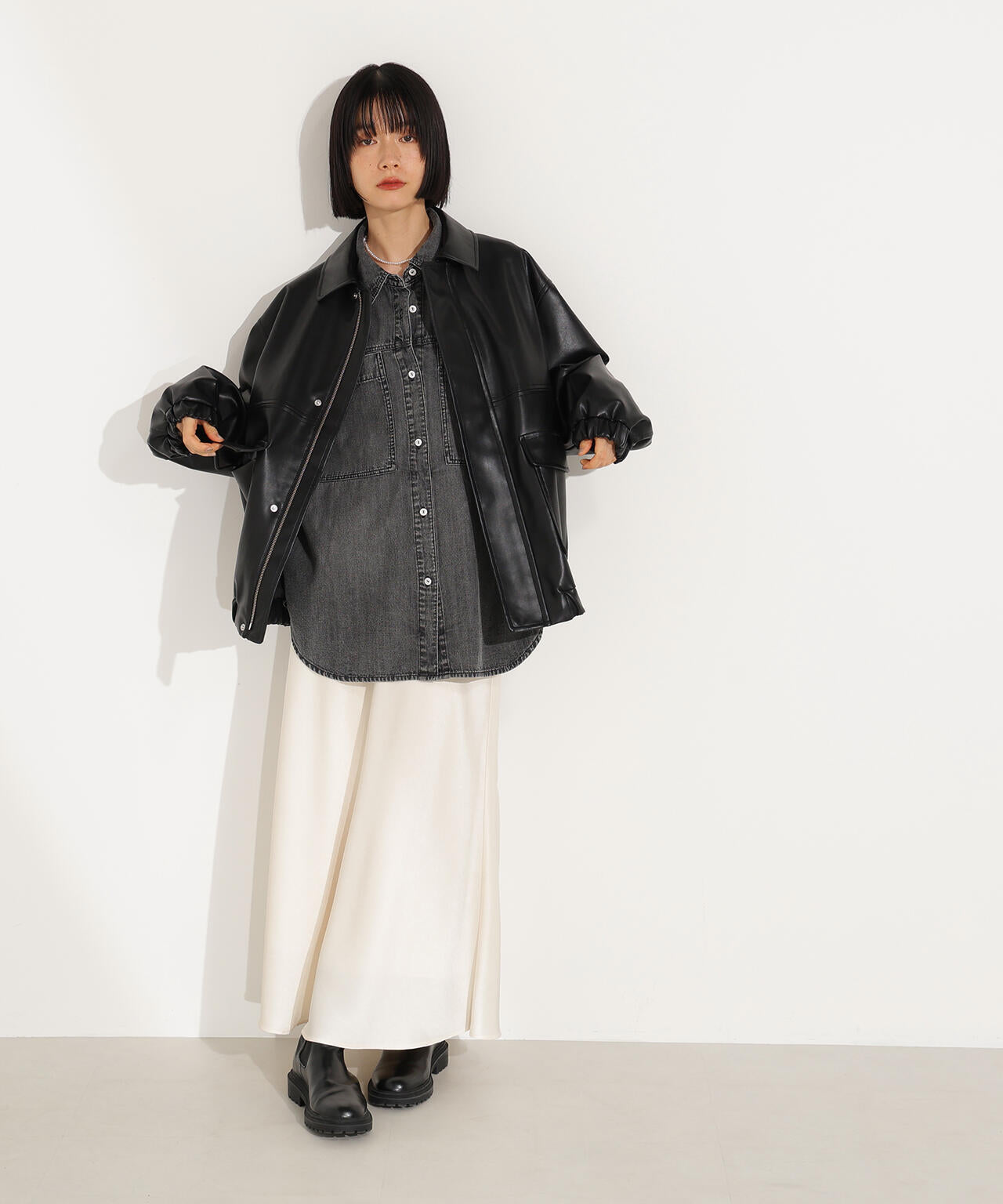 フェイクレザーステンカラーブルゾン