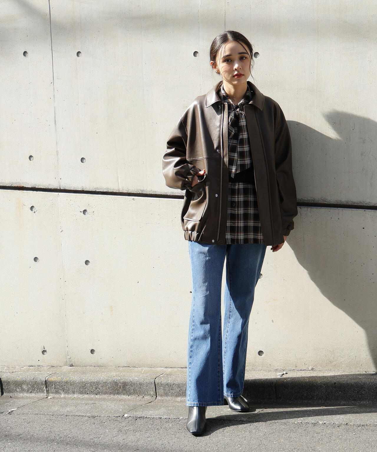 フェイクレザーステンカラーブルゾン