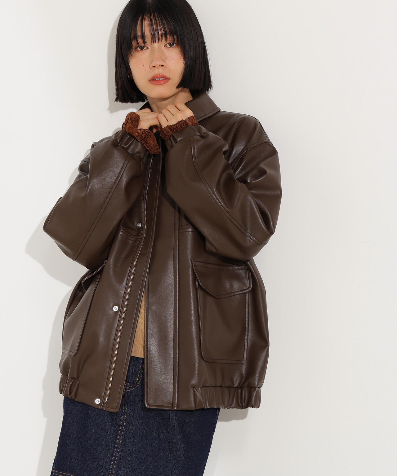 フェイクレザーステンカラーブルゾン