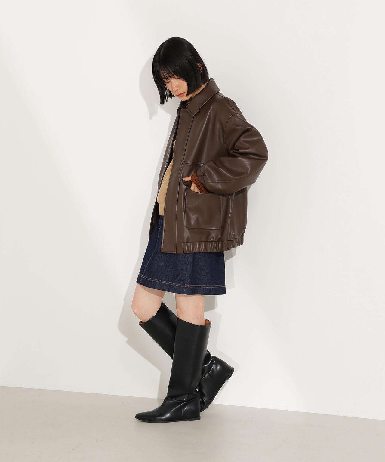 フェイクレザーステンカラーブルゾン