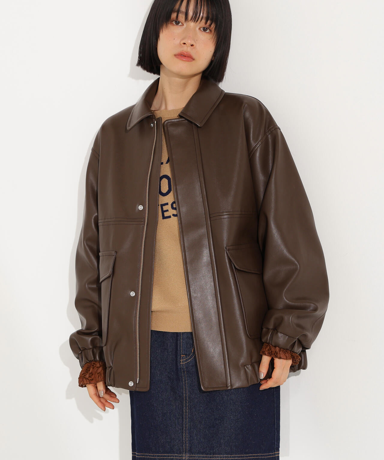 フェイクレザーステンカラーブルゾン