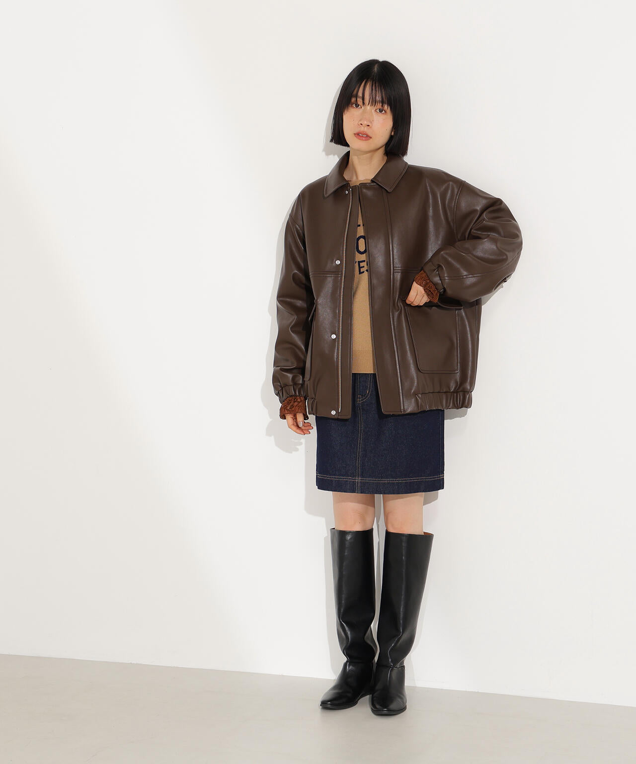 フェイクレザーステンカラーブルゾン